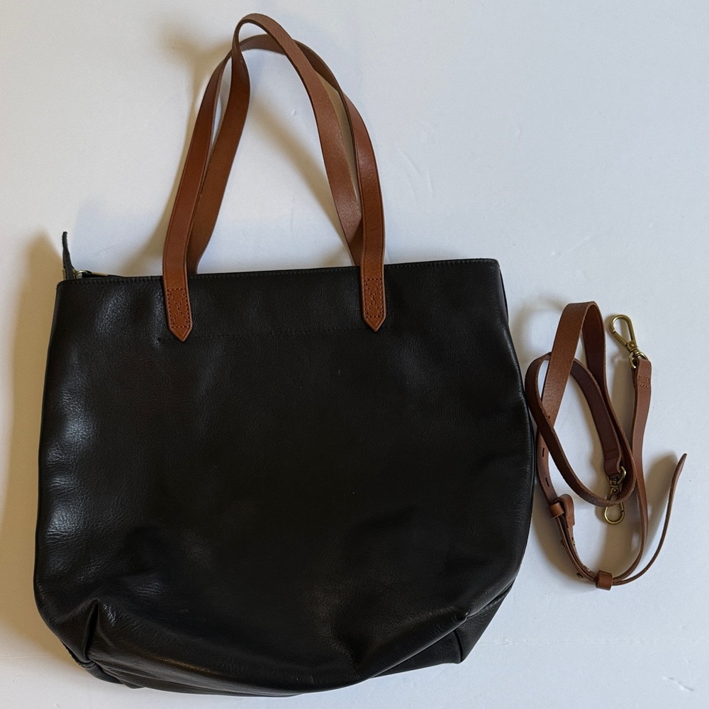 Madewell Black Leather Tote with Brown Straps